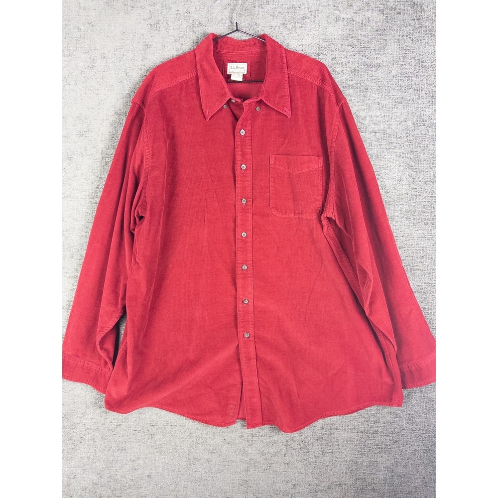 LL Bean Corduroy Shirt Mens 2XL Red Solid Camp Ranch Button Down Cotton